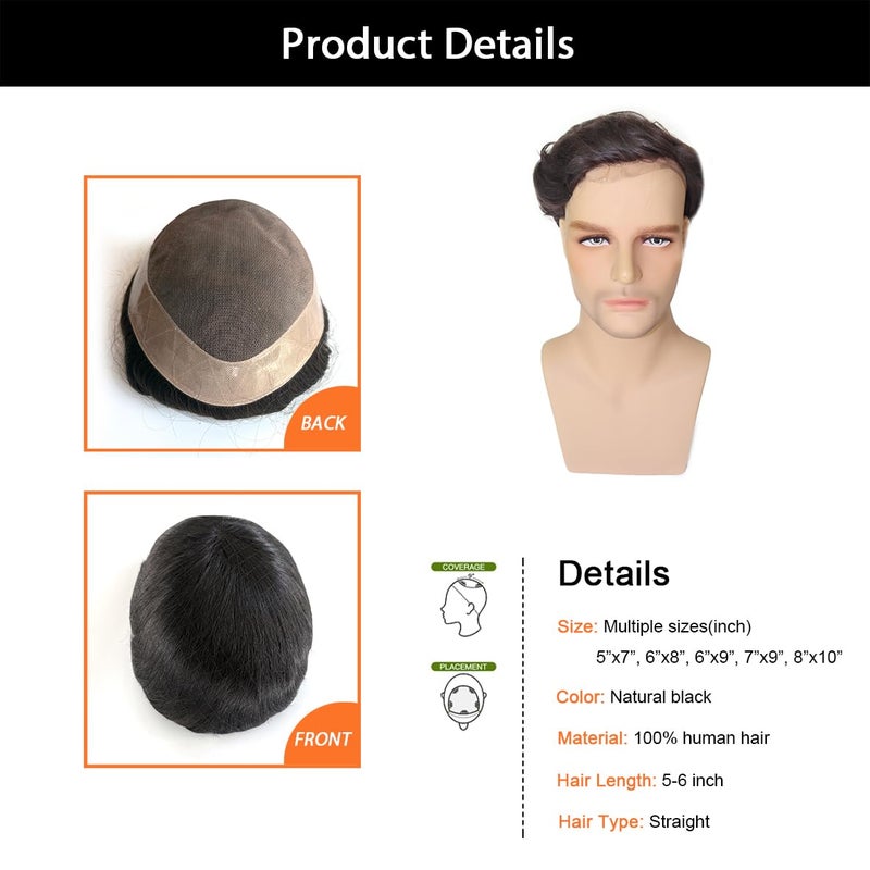 Hywel Toupee for Men with Real Soft Human Hair, Mono Top with Poly Coating Around Cap Mens Toupee, Straight Hair Pieces System Men Replacement In Stock Off Black #1B (Size 6 * 8 Inch) - Image 3